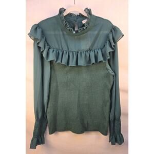 Kirundo Women's extra Large Sweater NWT Green Sheer High Collar Ruffle Preppy